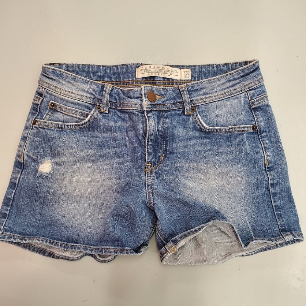 Zara Woman Premium Collecfuin Aged Denim Shorts